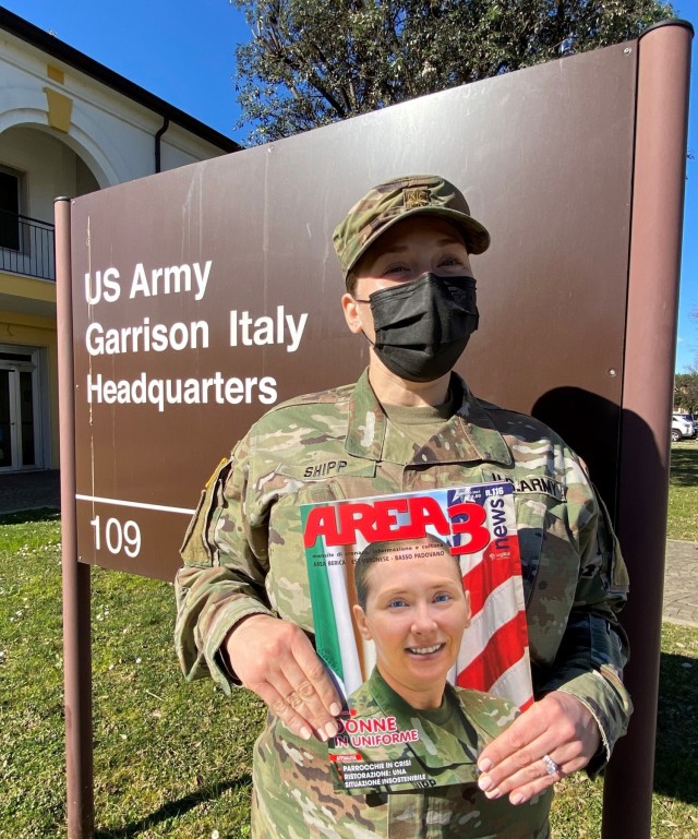 U.S. Army Garrison Italy Executive Officer Maj. Leslie A. Shipp appears on the February 2021 cover issue of the Italian monthly magazine AREA3.  The magazine wrote a feature story on host nation women in the military and two U.S. Army Soldiers from the Vicenza military community who contributed with their experiences in the spirit of integration and partnership with Italian female service members.