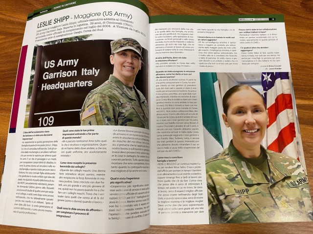 U.S. Army Garrison Italy Executive Officer Maj. Leslie A. Shipp participated in an interview with an Italian monthly magazine AREA3 in February 2021.  The magazine wrote a feature story on host nation women in the military. Shipp is one of the two U.S. Army Soldiers from the Vicenza military community who contributed with their experiences in the spirit of integration and partnership with Italian female service members.