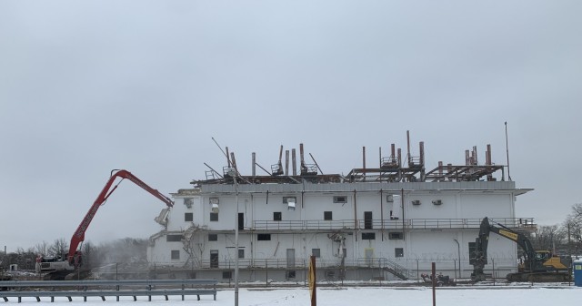 Building E3300 — the former Amos A. Fries Research Laboratory — during its demolition as part of APG South facility reduction program.