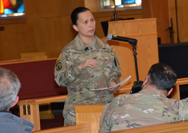 Col. Karin Watson, garrison commander at Fort Lee, Va., explains the intent of the DOD-wide extremism stand-down during the first of several sessions conducted at the Army training post this week. Secretary of Defense Lloyd Austin ordered all...