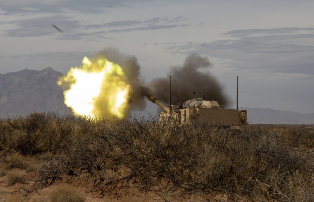 U.S. Army Soldiers with 2nd Battalion, 3rd Field Artillery Regiment, 1st Armored Brigade Combat Team, 1st Armored Division, shoot a M109 Paladin as part of a battalion-level artillery qualification exercise, March 8, 2021, at the Dona Ana Range...