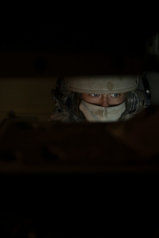 2nd Lt. Kristi Newlen, a company fire support officer assigned to 2nd Battalion, 3rd Field Artillery Regiment, 1st Armored Brigade Combat Team, 1st Armored Division, monitors a computer system that shows target locations at the Dona Ana Range...