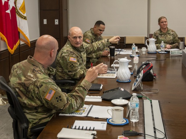 U.S. Army Security Assistance Command Commanding General Brig. Gen. Doug
Lowrey briefs Army Materiel Command Commanding General Ed Daly during a
tri-annual update March 19, 2021.