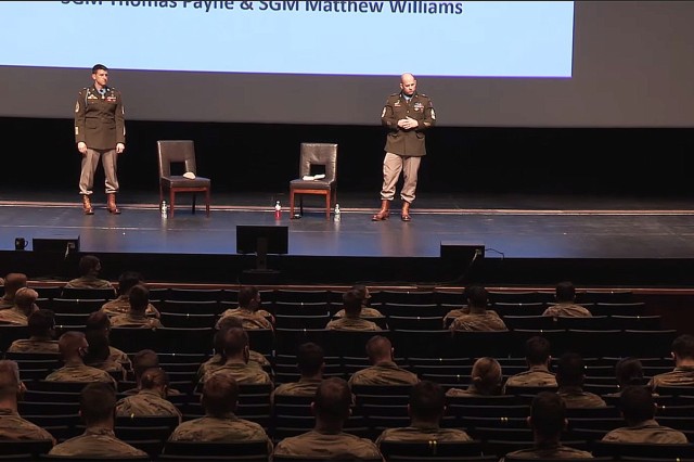 Medal of Honor recipients, Sgt. Maj. Thomas Payne and Sgt. Maj. Matthew Williams, were guest speakers for the Modern War Institute Commandant Speaker Series on March 17 at Eisenhower Hall.   (Screenshot by Jorge Garcia/PV)