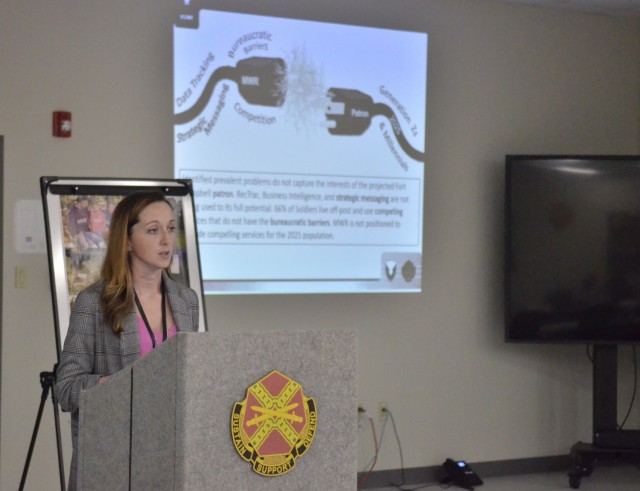 Taylor Fesender, administrative supervisor, Installation Provost Marshal Office, presents findings from this year’s Leadership Fort Campbell 2.0 program to garrison leadership March 18 at the Garrison Learning Center.