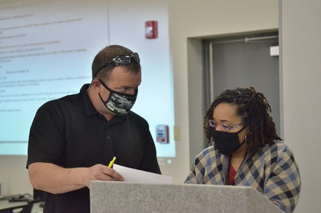Brad Curvin, construction control representative, Directorate of Public Works, and Amber Shepard, executive assistant/adjutant, Directorate of Human Resources, both students of this year’s Leadership Fort Campbell 2.0 class, discuss their...