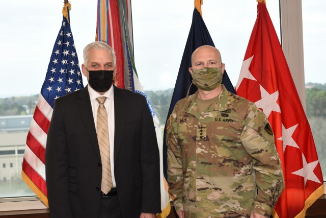 Christopher Lowman, the Senior Official Performing the Duties of the Under Secretary of the Army, meets with Gen. Ed Daly, commanding general of Army Materiel Command, to discuss AMC’s current operations and modernization initiatives during a...