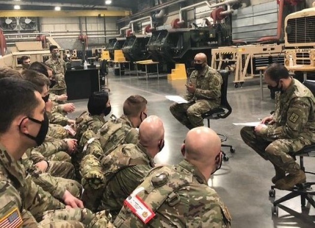 Staff Sgt. Pierson, an Ordnance school instructor leads a group of ordnance students in a discussion on extremism at Fort Lee, Virginia, March 23, 2021.  Secretary of Defense Lloyd Austin ordered all military departments to complete the stand-down by April 1.