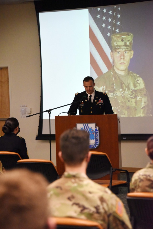 Army Lt. Col. Matthew Upperman, commander of the 229th Military Intelligence Battalion, speaks during a memorial service held for Spc. Ryan Tasso March 11 at the Presidio of Monterey. Tasso graduated from the Russian Defense Language Institute...