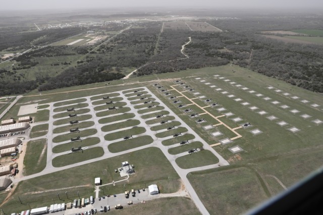 An aerial view from the window seat of a CH-47 Chinook helicopter overlooking Longhorn Auxiliary Landing Strip, March 17, 2021 at North Fort Hood, Texas. Task Force Phoenix is conducting pre-deployment training at North Fort Hood prior to a 9-month deployment to the Middle East. (U.S. Army National Guard photo by Sgt. 1st Class Ryan Sheldon)