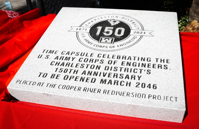 Senior leaders, media and the city mayor gathered outside U.S. Army Corps of Engineers, Charleston District's headquarters March 26 to fill a time capsule commemorating the District's 150-year history of service to the state and nation.