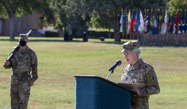Then-Maj. Gen. Laura A. Potter speaks during the U.S. Army Intelligence Center of Excellence change-of-command ceremony at Fort Huachuca, Ariz., Aug. 11, 2020. Potter is now a lieutenant general and the deputy chief of staff, G-2.