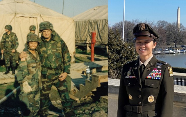 Then and now. Left, then-1st Lt. Danielle Ngo in Bosnia in 1998 and her as a colonel in Washington, D.C.