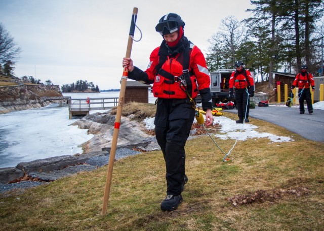 Members of the Coast Guard conduct Team Tethering training at U.S. Coast Guard Station Alexandria Bay, New York, March 16, 2021. The Coast Guard Station provides law enforcement, search and rescue, as well as training throughout the surrounding...