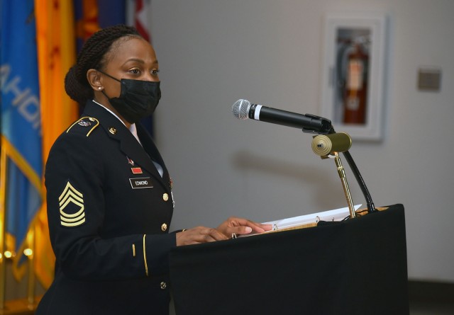 Master Sgt. Lakesha Edmond speaks during a Women’s History Month commemoration event March 26 at Fort Detrick, Maryland. The event was sponsored by U.S. Army Medical Logistics Command. 