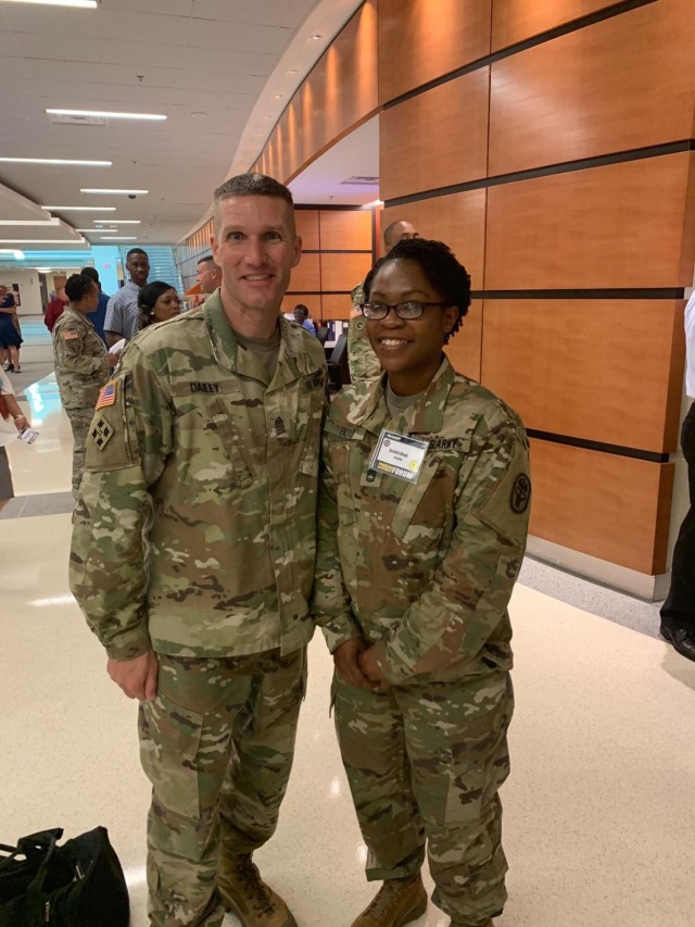 U.S. Army Sgt. 1st Class Jaudon Boyd, left, currently an assistant inspector general with the U.S. Army Medical Center of Excellence at Fort Sam Houston, Texas, stands with then-Sergeant Major of the Army Daniel Dailey in July 2019 in Washington, D.C. (U.S. Army photo courtesy of Sgt. 1st Class Jaudon Boyd)
