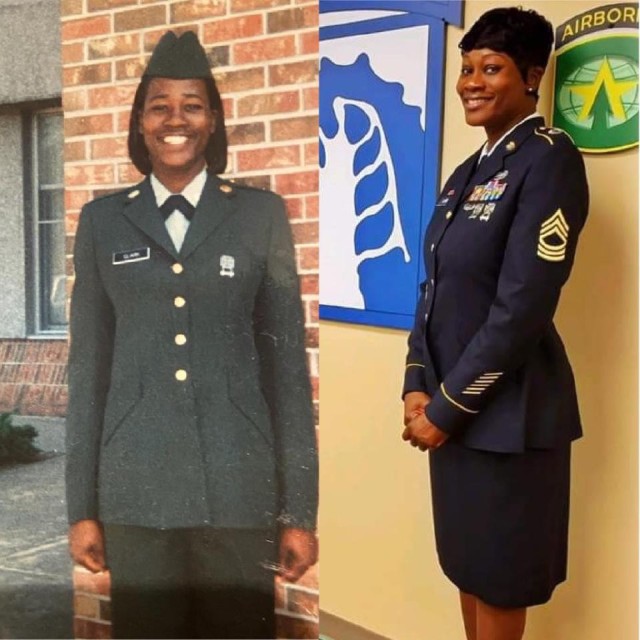 U.S. Army Master Sgt. Brandye Clark is seen at left as she graduated from basic combat training at Fort Jackson, South Carolina, in 2000, and at right as she was promoted to her current rank July 1, 2020, as an inspector general noncommissioned officer in charge with the XVIII Airborne Corps at Fort Bragg, North Carolina. (U.S. Army photo courtesy of Master Sgt. Brandye Clark)