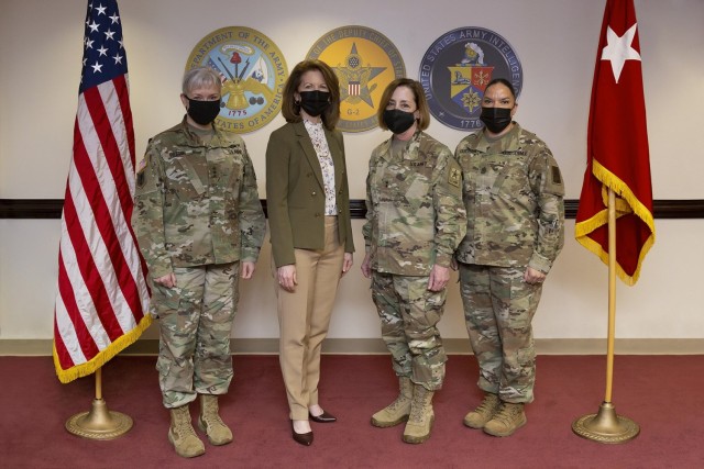 Lt. Gen. Laura A. Potter, left, the deputy chief of staff, G-2, poses for a photo with Diane Randon, the assistant deputy chief of staff, G-2; Reserve Maj. Gen. Mary-Kate Leahy, the assistant deputy chief of staff, intelligence; and Sgt. Maj. Julie Guerra, the G-2's senior enlisted advisor.