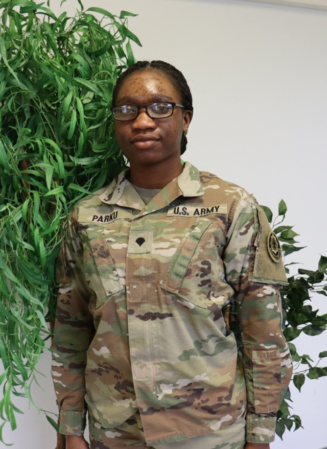 U.S. Army Spc. Doreen Seyram Parku, assigned to the 2d Squadron, 2d Cavalry Regiment, shares her thoughts and experiences in Vilseck, Germany, March 23, 2021 in observance of Women's History Month. Parku is a combat medic with the U.S. Army Vilseck Health Clinic. (U.S. Army photo by Spc. Mark Bruno)
