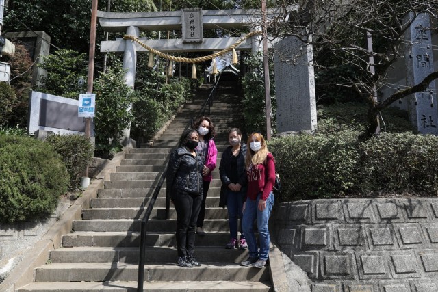Megumi Saito, rear left, an instructor for Camp Zama’s “Head Start” program, poses with a group of class participants March 18 in front of Zama Shrine during the group’s field trip. The Head Start program went on hiatus in the spring of...