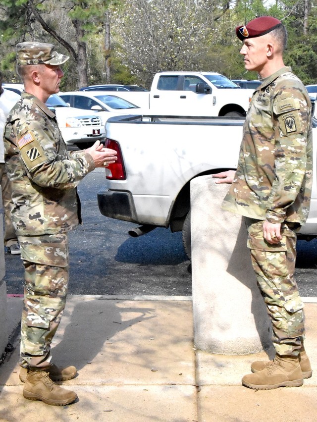 Brig. Gen. Andrew Hilmes, (left) commanding general, U.S. Arny Combat Readiness Center and director of Army Safety, visits with Brig. Gen. David S. Doyle, commanding general, Joint Readiness Training Center and Fort Polk March 23 during Hilmes...