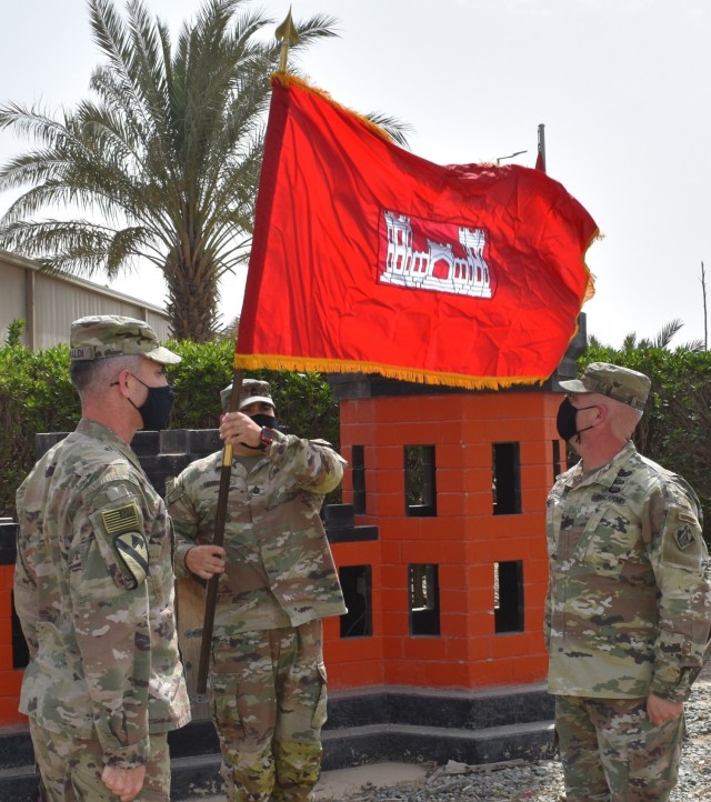 Once again the USACE Colors are flying briskly over the command of the Transatlantic Afghanistan District as the command team, Col. Mark Geraldi and SGM Nathan Marshall unite again. (Photo by Rick Benoit)