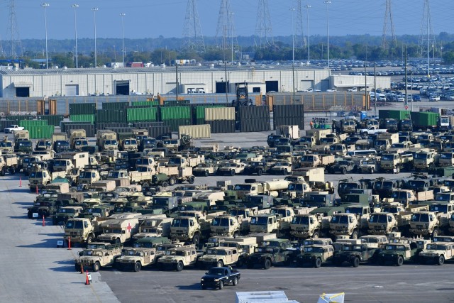 Florida National Guard’s 53d infantry Brigade Combat Team equipment and vehicles are prepositioned to be loaded on the Port of Jacksonville.  The Military Surface Deployment and Distribution Command is moving around 750 vehicles from this port in support of DEFENDER-Europe 21. DEFENDER-Europe 21. DEFENDER-Europe is an annual large-scale U.S. Army-led, multinational, joint exercise designed to build readiness and interoperability between U.S., NATO and partner militaries. This year’s exercise utilizes key ground and maritime routes bridging Europe, Asia and Africa.