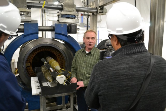 Mr. Steven T. Bird, Explosive Destruction System Group leader for the Recovered Chemical Materiel Directorate, U.S. Army Chemical Materials Activity, explains the ground-breaking Pueblo Chemical Agent-Destruction Pilot Plant Explosive Destruction...