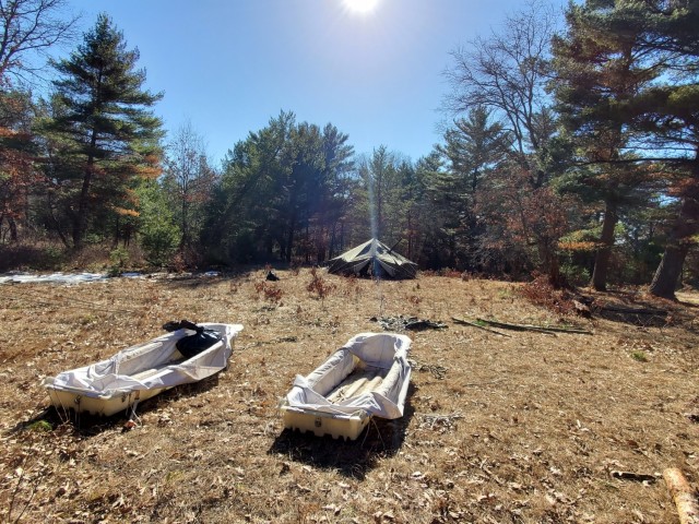 A tent set up by students in Fort McCoy Cold-Weather Operations Course (CWOC) class 21-05 during shelter-building training is shown March 11, 2021, at Fort McCoy, Wis. CWOC students are trained on a variety of cold-weather subjects, including...