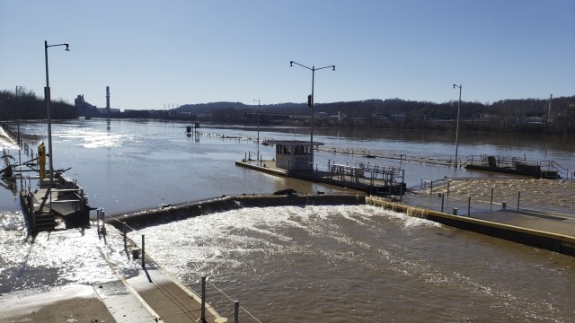 Flood waters begins to recede from the Locks and Dams 3 on the Monongahela River in Elizabeth, Pennsylvania, March 2, 2021. High water from snow melts and extended rain affected the U.S. Army Corps of Engineers Pittsburgh District on the Monongahela River in early March. Elizabeth Locks and Dams (L/D 3) was taken out of service as water entered the operating machinery and topped the lock walls. The average time of high-water stopping operation was 30 hours. The lock staff cleared mud and debris, and each lock was returned to service within eight hours of water receding. Elizabeth is one of the oldest functioning locks in the nation, 114 years old. (U.S. Army Corps of Engineers Pittsburgh District Photo by Philip Delo)