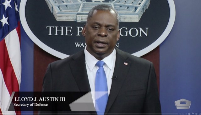 Secretary of Defense, Lloyd Austin, speaks to the Department of Defense workforce about extremism in a video shown during the training.
