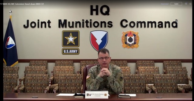 Col. Gavin Gardner, commander of Joint Munitions Command, trains the workforce on the organization’s zero-tolerance policy for extremism via Microsoft Teams.