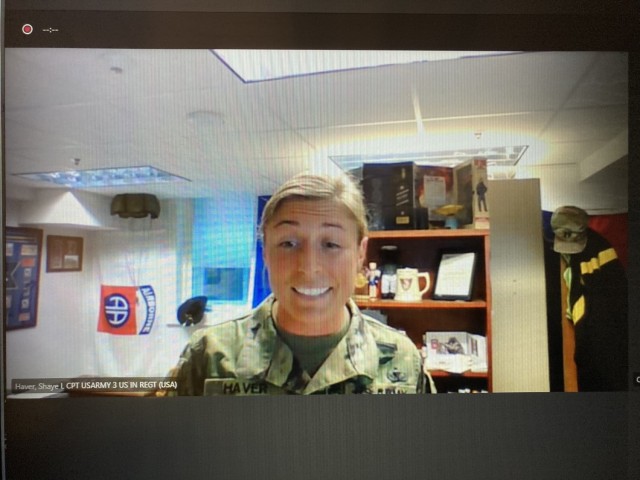 Capt. Shaye Haver, Delta Company commander of the 3rd U.S. Infantry Regiment, speaks to Fort McCoy community members during the Women's History Month observance March 18 over Microsoft Teams. Haver was one of the first two women to graduate from Army Ranger School after it opened to women in 2015. She participated in a question-and-answer session for the observance, answering questions about leadership and her personal experiences in a military occupational specialty that has few women in it.