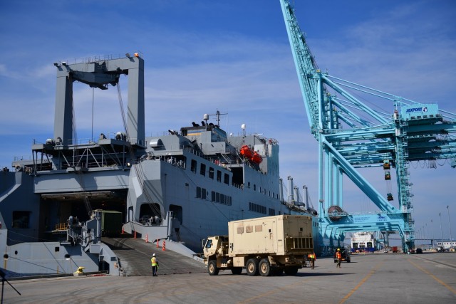 A stevedore at the Port of Jacksonville drives a military vehicle onto the U.S. Navy's Military Sealift Command's USNS Bob Hope March 26, 2021 The vessel is bound for DEFENDER-Europe 21 linked exercise, Immediate Response. The Military Surface Deployment and Distribution Command is moving 750 pieces of cargo through this port with the support of its Total Force team of Reserve, National Guard and commercial partners. DEFENDER-Europe is an annual large-scale U.S. Army-led, multinational, joint exercise designed to build readiness and interoperability between U.S., NATO and partner militaries. This year’s exercise utilizes key ground and maritime routes bridging Europe, Asia and Africa. (U.S. Army photo by Kimberly Spinner)