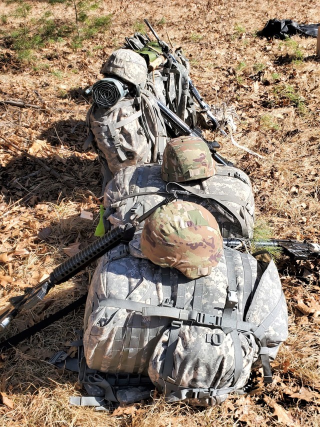 Gear used by students in Fort McCoy Cold-Weather Operations Course (CWOC) class 21-05 is shown set during shelter-building training March 11, 2021, at Fort McCoy, Wis. CWOC students are trained on a variety of cold-weather subjects, including...