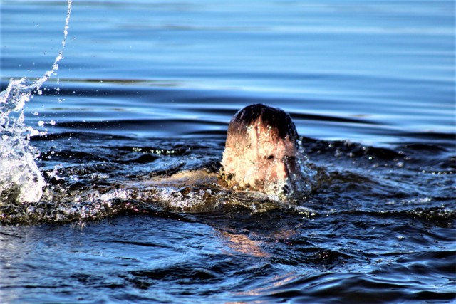 A student in Fort McCoy Cold-Weather Operations Course (CWOC) class 21-05 participates in cold-water immersion training March 19, 2021, at Big Sandy Lake on South Post at Fort McCoy, Wis. CWOC students are trained on a variety of cold-weather...