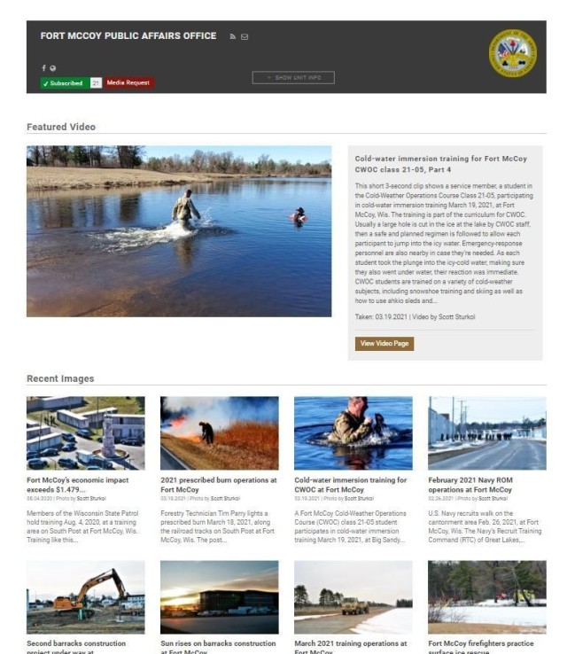 This screenshot of the official Fort McCoy, Wis., Defense Video and Imagery Distribution Service Page is shown March 24, 2021. The page, along with several other online presence pages and websites, were the reason the Fort McCoy Public Affairs...