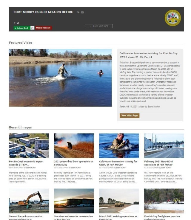 This screenshot of the official Fort McCoy, Wis., Defense Video and Imagery Distribution Service Page is shown March 24, 2021. The page, along with several other online presence pages and websites, were the reason the Fort McCoy Public Affairs Office earned a first place award for the 2020 Army Material Command Outstanding Digital Media Management Award. (Photo by Scott Sturkol, Fort McCoy Public Affairs Office)