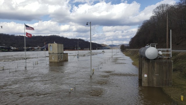 Flood waters forced closure of the Locks and Dams 3 on the Monongahela River in Elizabeth, Pennsylvania, March 1, 2021. High water from snow melts and extended rain affected the U.S. Army Corps of Engineers Pittsburgh District on the Monongahela River in early March. Elizabeth Locks and Dams (L/D 3) was taken out of service as water entered the operating machinery and topped the lock walls. The average time of high-water stopping operation was 30 hours. The lock staff cleared mud and debris, and each lock was returned to service within eight hours of water receding. Elizabeth is one of the oldest functioning locks in the nation, 114 years old. (U.S. Army Corps of Engineers Pittsburgh District Photo by Philip Delo)