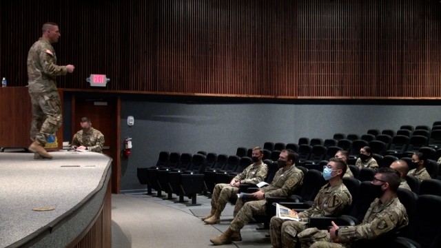 Brig Gen. Charles J. Masaracchia, Director of the Mission Command Center of Excellence briefs Soldiers at Fort Huachuca, Ariz. about Project Athena. 