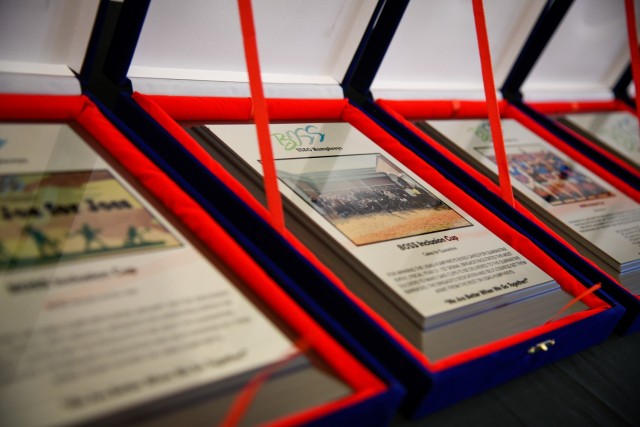 CAMP HUMPHREYS, Republic of Korea - Plaques and awards are lined up and prepared for presentation during a Better Opportunity for Single Soldiers (BOSS) awards ceremony here, March 24. Representatives and BOSS members from across Humphreys are...