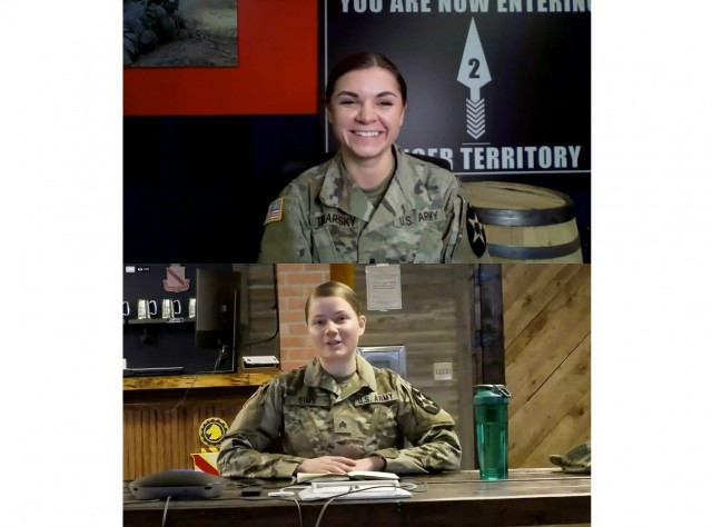 First Lt. Annalee Tokarsky, top, and Sgt. Rachel Sims participate in a virtual panel celebrating Women&#39;s History Month on March 30, 2021. Tokarsky is the executive officer for a heavy weapons troop in 2nd Stryker Brigade, 2nd Infantry Division at Joint Base Lewis-McChord, Wash. Sims, also stationed at JBLM, is an Indonesian linguist for the same brigade. 