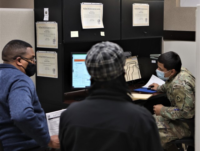 A Fort Knox Tax Center preparer works to file a 2020 return. To date, the center has filed more than 1,300 federal returns and generated over $2 million for the fiscal year.