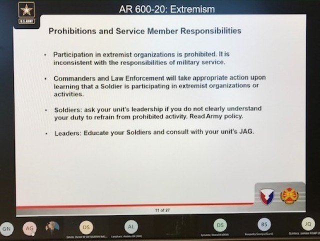 During the extremism training, slides were shown showing the responsibilities of Solders, officers and civilians on addressing extremism in the ranks.