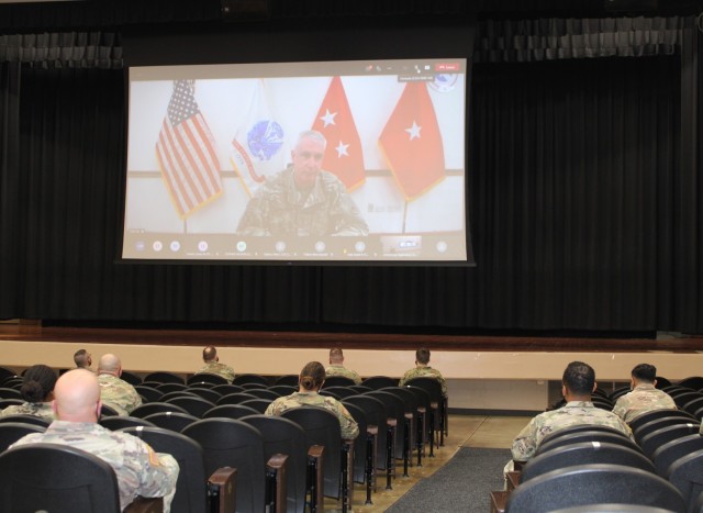 Maj. Gen. John P. Sullivan, commanding general, 1st Theater Sustainment Command, introduced presenter Obbie West to 1st TSC Soldiers via Microsoft Teams. Sullivan stressed the importance of awareness and zero tolerance of sexual assault and harassment within the command.