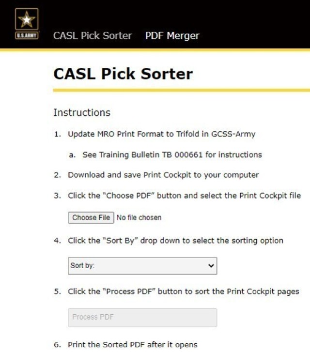 The CASL Pick Sorter application allows Soldiers working in Supply Support Activities to sort lists of items to pick by location, parts or unit. Soldiers can access the app via military networks at https://armyfirst.apps.platform.futures.army.mil/.