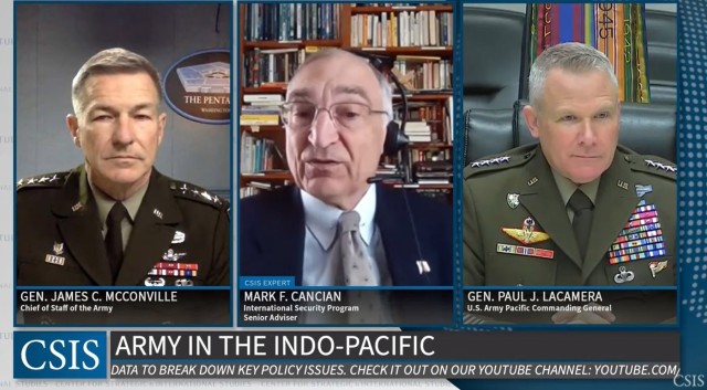 Gen. James C. McConville, left, the Army&#39;s chief of staff, and Gen. Paul LaCamera, right, commander of U.S. Army Pacific, participate in a discussion with the Center for Strategic and International Studies March 30, 2021. 