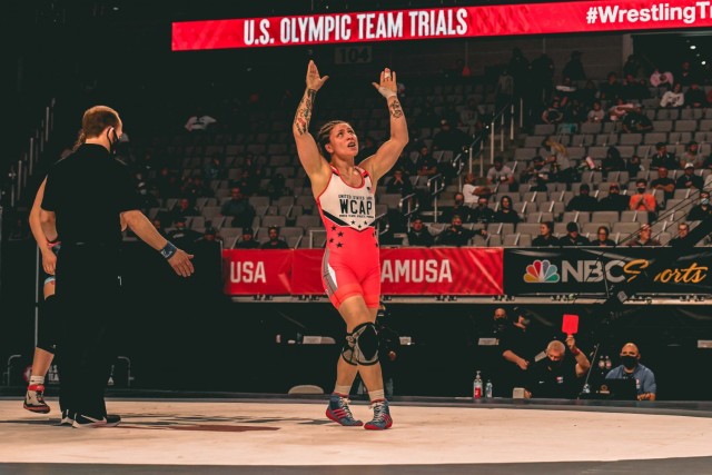 Sgt. Jenna Burkert, a Soldier-Athlete in the U.S Army World Class Athlete Program, made it to the finals of the U.S. Wrestling Olympic Trials in the Women’s Freestyle 57kg weight class. Burkert was among five Soldier-athletes who made it to the last round. Photo by Maj. Nathaniel Garcia, WCAP.
