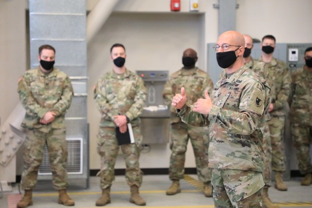 Col. Matthew W. Dalton, 38th Air Defense Artillery Brigade commander, speaks to members of the brigade on the importance of combatting corrosives and treating each other with dignity and respect during the Sexual Assault Awareness Prevention Month...