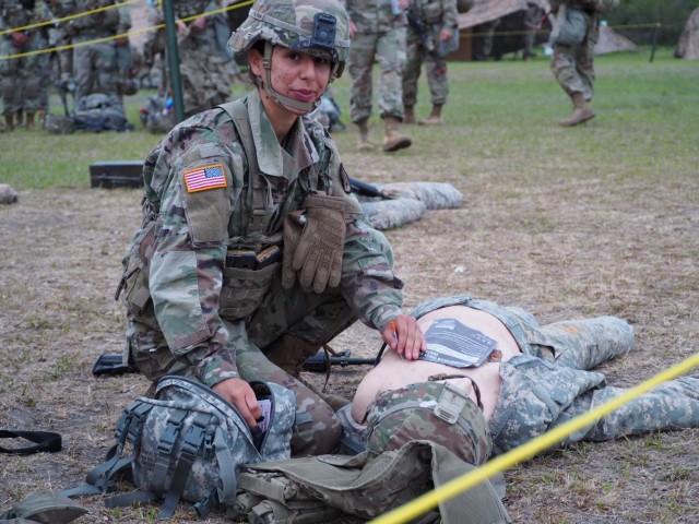 1st Lt. Maria Eggers from 1st Squadron is the first female from the 3rd Cavalry Regiment to test for the Expert Infantry Badge and is training on the medical lane. The event will take place April 12-16 at Fort Hood, Texas. (U.S. Army photo by Pfc. Johnathan Touhey)
